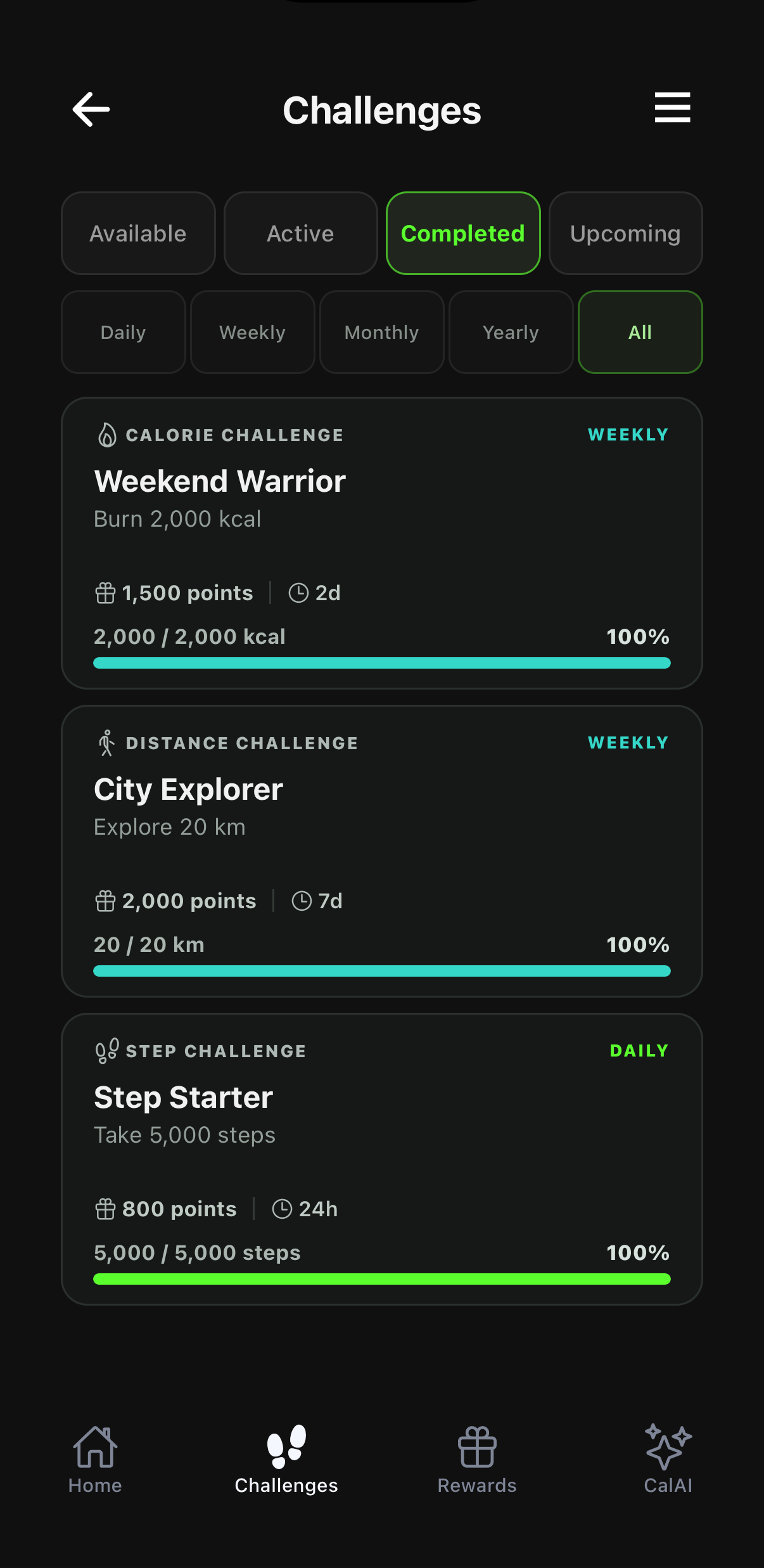 Calostep Challenges screen